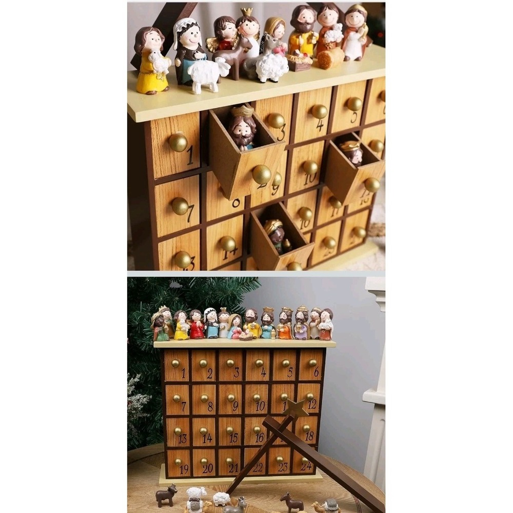 Christmas Wooden Advent Calendar with 24 Drawers Tabletop Decor Creative